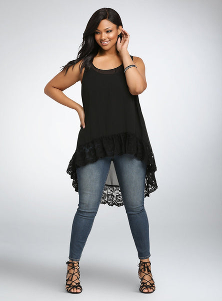 Women Plus Size Solid Chiffon Lace Sleeveless Loose Blouse