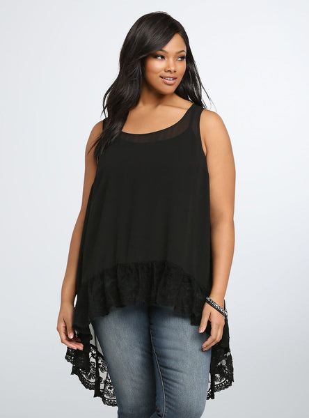 Women Plus Size Solid Chiffon Lace Sleeveless Loose Blouse