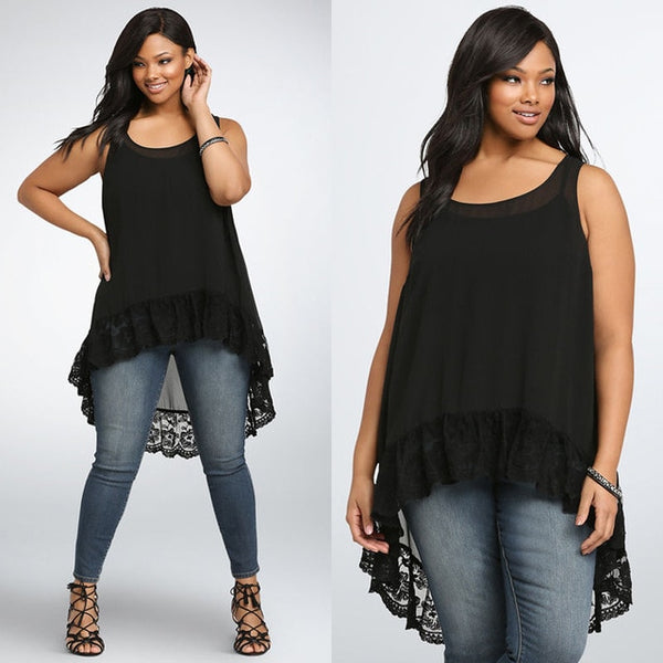 Women Plus Size Solid Chiffon Lace Sleeveless Loose Blouse