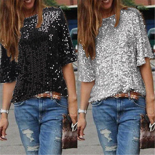 Ladies Off -Shoulder Sexy Slim Loose Shirt Top Glistening Sequin Blouse
