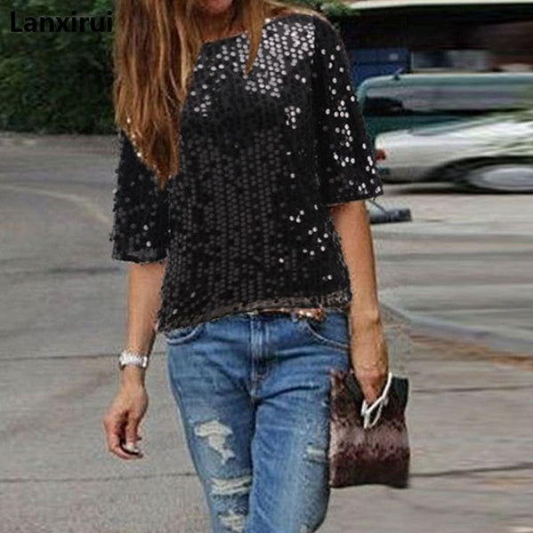 Ladies Off -Shoulder Sexy Slim Loose Shirt Top Glistening Sequin Blouse