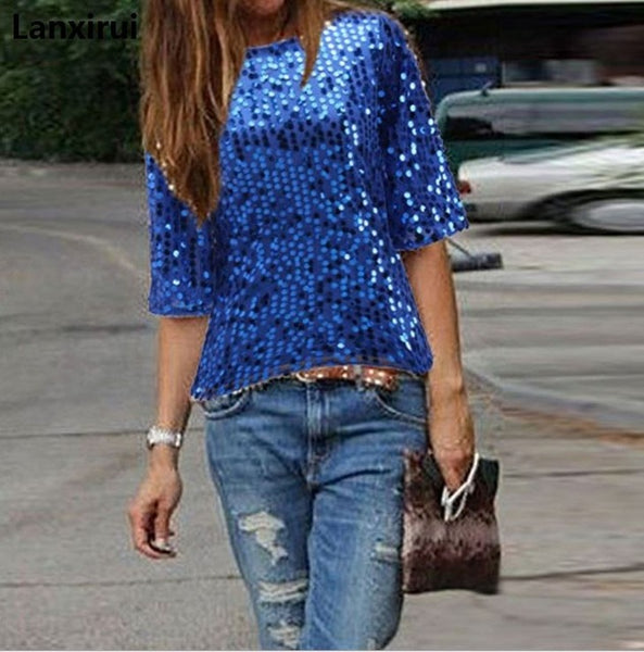 Ladies Off -Shoulder Sexy Slim Loose Shirt Top Glistening Sequin Blouse