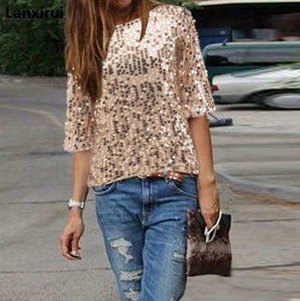 Ladies Off -Shoulder Sexy Slim Loose Shirt Top Glistening Sequin Blouse