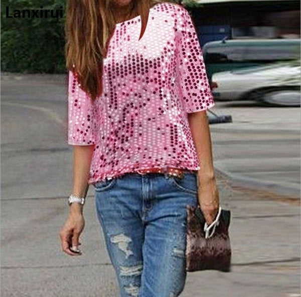 Ladies Off -Shoulder Sexy Slim Loose Shirt Top Glistening Sequin Blouse