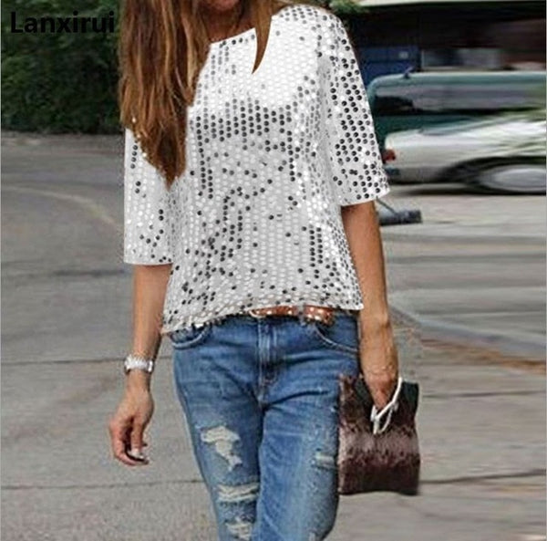 Ladies Off -Shoulder Sexy Slim Loose Shirt Top Glistening Sequin Blouse