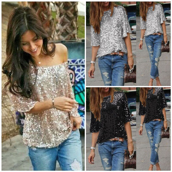 Ladies Off -Shoulder Sexy Slim Loose Shirt Top Glistening Sequin Blouse