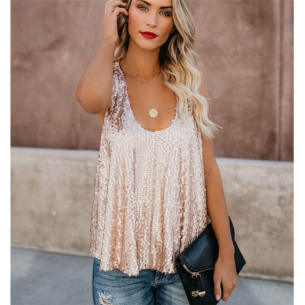 Women Fashion Sequined Sexy Sleeveless Ladies Tank Tops