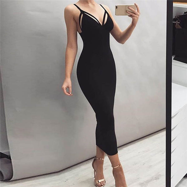 Women Sexy Spaghetti Strap Hollow Out Fitted Bodycon Evening Party Dress