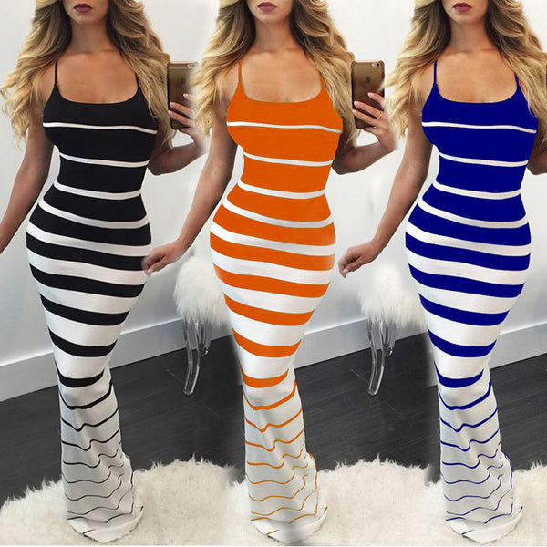 Women Striped Skinny Casual Long Bodycon Dress