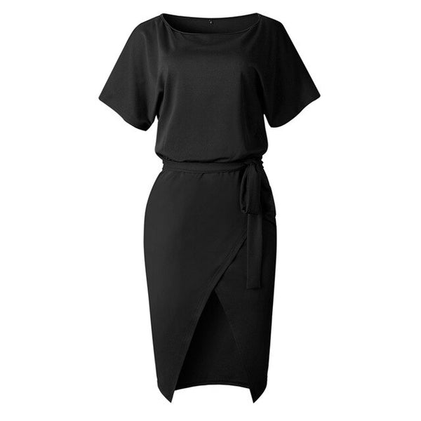 Casual Belted Sash Short Sleeve O Neck Solid Dress