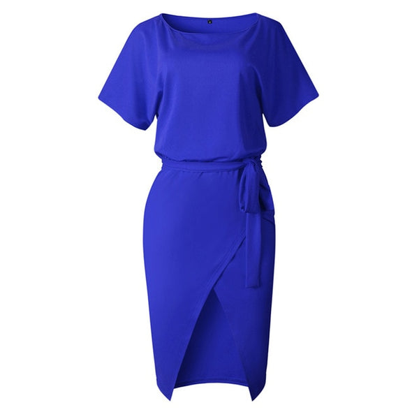 Casual Belted Sash Short Sleeve O Neck Solid Dress