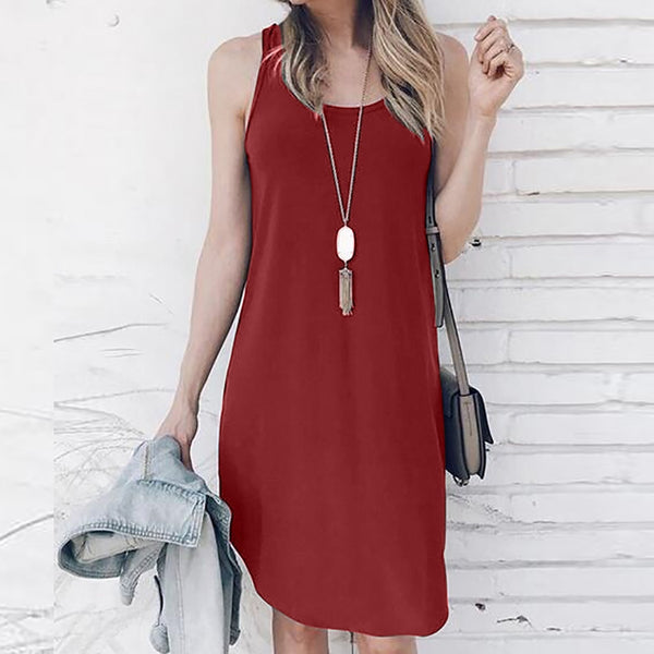 Ladies Solid O-Neck Causal Sleeveless Mini Dress