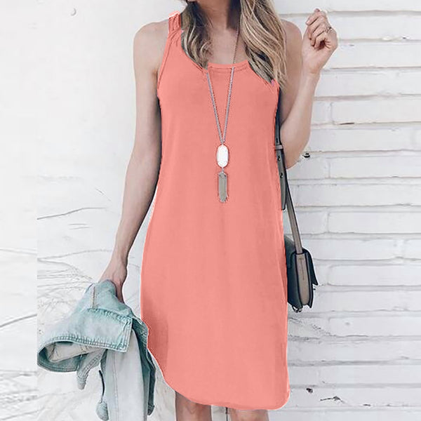 Ladies Solid O-Neck Causal Sleeveless Mini Dress