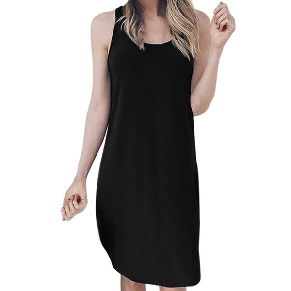 Ladies Solid O-Neck Causal Sleeveless Mini Dress