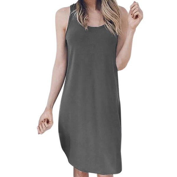 Ladies Solid O-Neck Causal Sleeveless Mini Dress