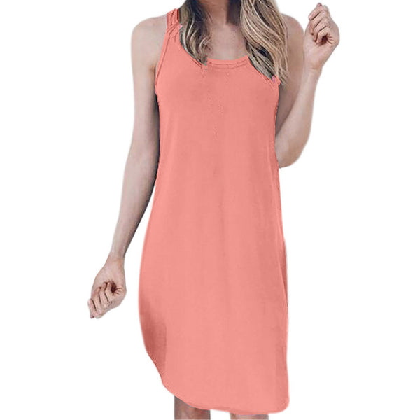 Ladies Solid O-Neck Causal Sleeveless Mini Dress