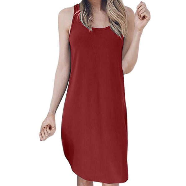 Ladies Solid O-Neck Causal Sleeveless Mini Dress