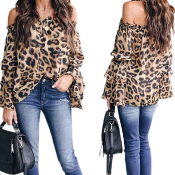 Trendy Women clothes Off Shoulder Leopard Print Blouse