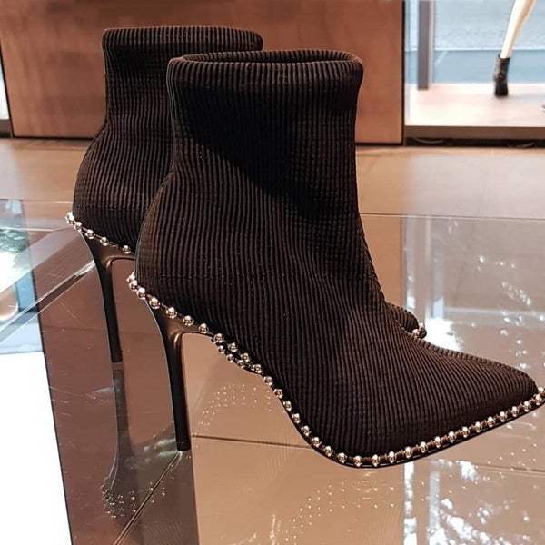 Women Studded Pointed Toe Rivets Stiletto High Heels Ankle Sock Shoe Boots