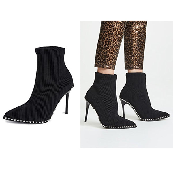 Women Studded Pointed Toe Rivets Stiletto High Heels Ankle Sock Shoe Boots