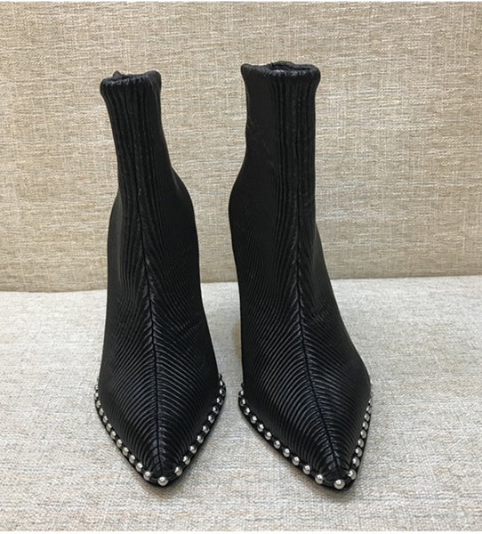 Women Studded Pointed Toe Rivets Stiletto High Heels Ankle Sock Shoe Boots