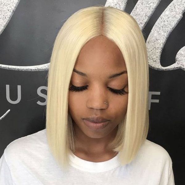 Blonde Remy Brazilian Straight Human Hair Short Bob 150% Transparent Lace Front Wig