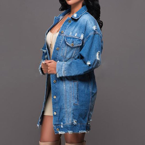 Women Denim Button Down Long Sleeve Jean Jacket