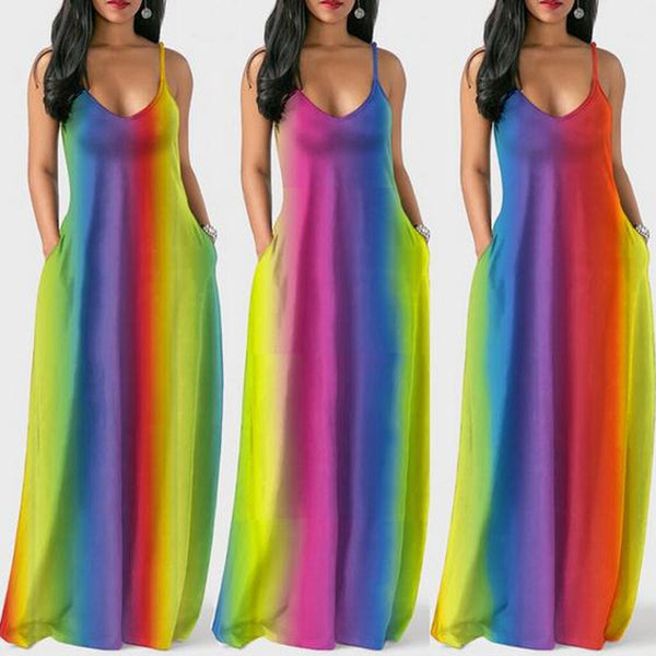 Women V Neck Sleeveless Boho Rainbow Dress w/ Pockets