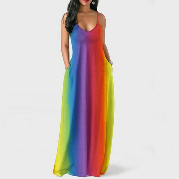 Women V Neck Sleeveless Boho Rainbow Dress w/ Pockets
